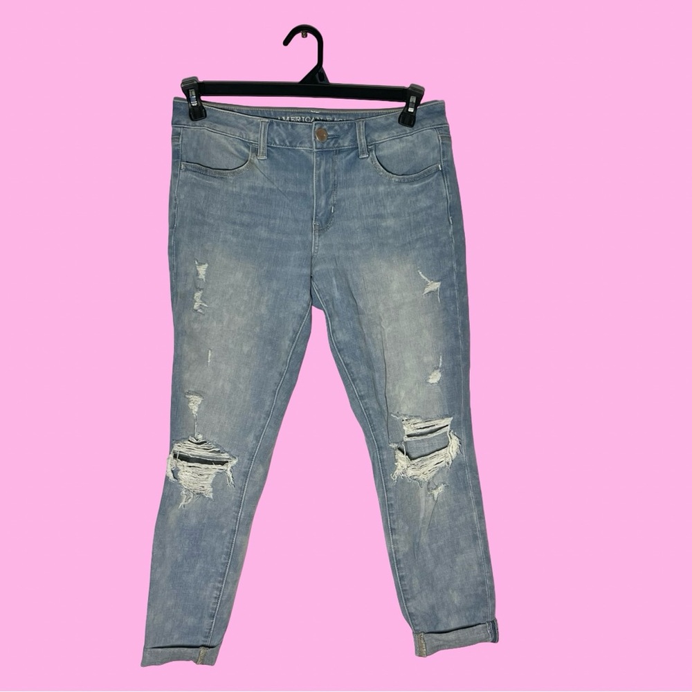 American Eagle Super Stretch High Rise Faded Blue Ripped Cropped Jegging